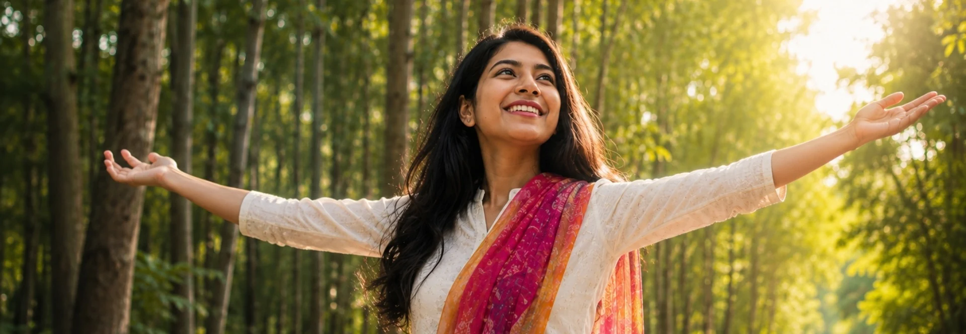 Woman with arms outstretched in a sunlit forest